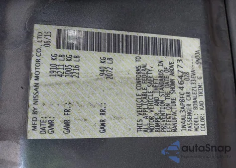 2015 Nissan Altima 2.5/2.5 S/2.5 Sl/2.5 Sv z USA, uszkodzony, nr VIN 1N4AL3AP8FC464773